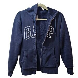 GAP Logo Hoodie Jacket Size Small Blue Full Zip Front Fuzzy Faux Sherpa Lined